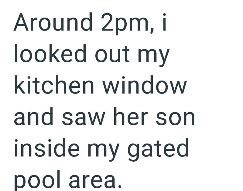 Around 2pm, i looked out my kitchen window and saw her son inside my gated pool area.