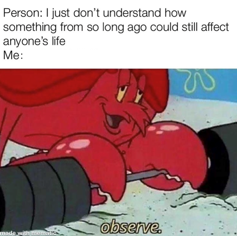 Person: I just don't understand how something from so long ago could still affect anyone's life Me: made with mematic 3 observe.