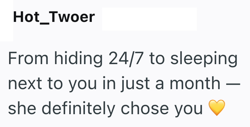 Hot_Twoer From hiding 24/7 to sleeping next to you in just a month she definitely chose you