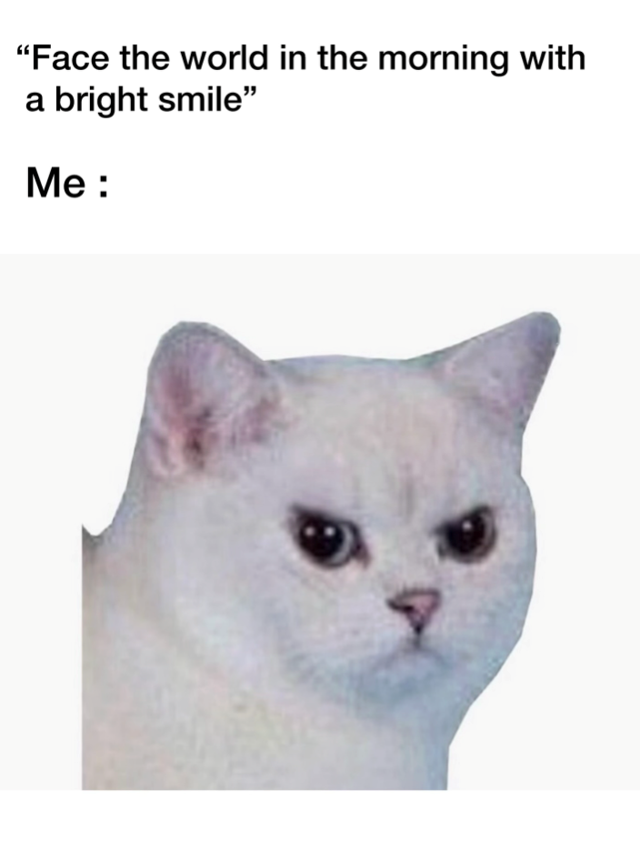 "Face the world in the morning with a bright smile" Me: