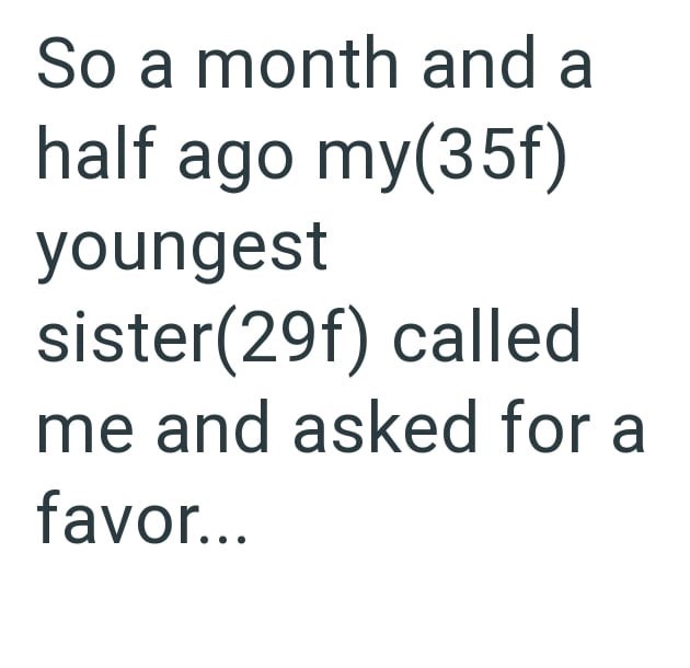 So a month and a half ago my(35f) youngest sister(29f) called me and asked for a favor...