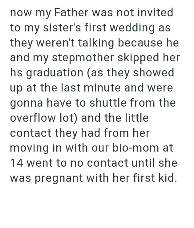 now my Father was not invited to my sister's first wedding as they weren't talking because he and my stepmother skipped her hs graduation (as they showed up at the last minute and were gonna have to shuttle from the overflow lot) and the little contact they had from her moving in with our bio-mom at 14 went to no contact until she was pregnant with her first kid.