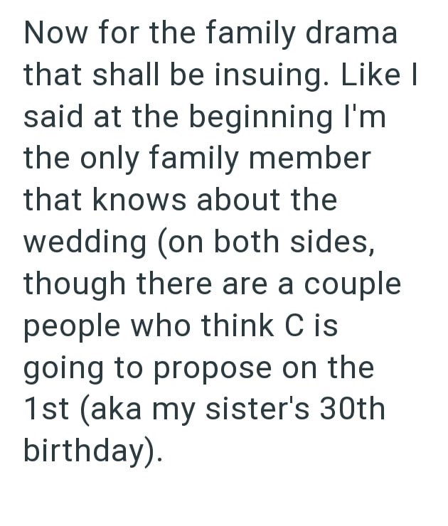 Now for the family drama that shall be insuing. Like I said at the beginning I'm the only family member that knows about the wedding (on both sides, though there are a couple people who think C is going to propose on the 1st (aka my sister's 30th birthday).