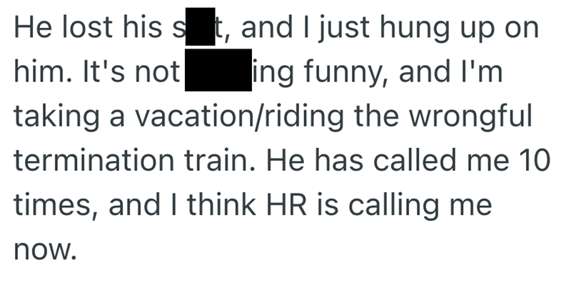 He lost his st, and I just hung up on ing funny, and I'm him. It's not taking a vacation/riding the wrongful termination train. He has called me 10 times, and I think HR is calling me now.