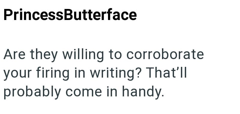 PrincessButterface Are they willing to corroborate your firing in writing? That'll probably come in handy.