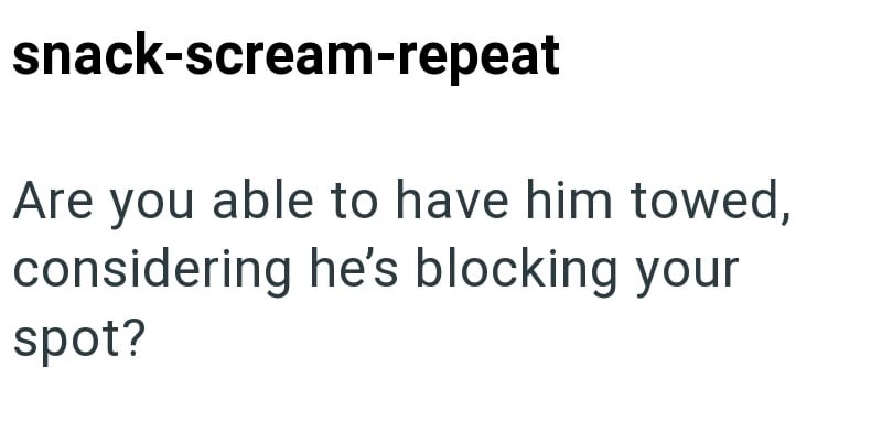 snack-scream-repeat Are you able to have him towed, considering he's blocking your spot?