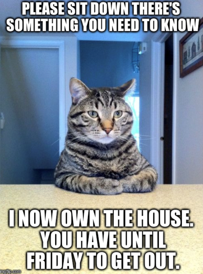 PLEASE SIT DOWN THERE'S SOMETHING YOU NEED TO KNOW I NOW OWN THE HOUSE. YOU HAVE UNTIL FRIDAY TO GET OUT. imgflip.com