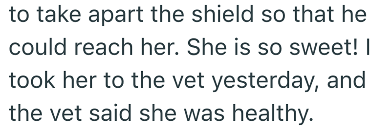 to take apart the shield so that he could reach her. She is so sweet! I took her to the vet yesterday, and the vet said she was healthy.