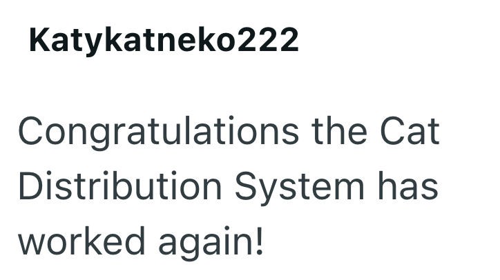 Katykatneko222 Congratulations the Cat Distribution System has worked again!