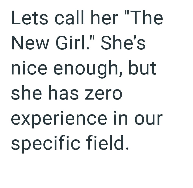 Lets call her "The New Girl." She's nice enough, but she has zero experience in our specific field.