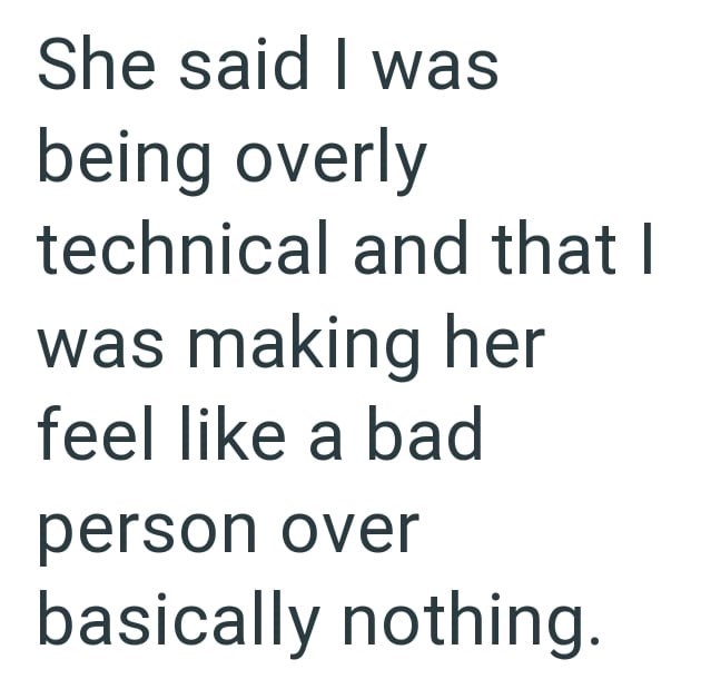 She said I was being overly technical and that I was making her feel like a bad person over basically nothing