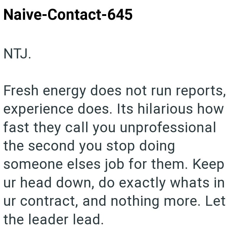 Naive-Contact-645 NTJ. Fresh energy does not run reports, experience does. Its hilarious how fast they call you unprofessional the second you stop doing someone elses job for them. Keep ur head down, do exactly whats in ur contract, and nothing more. Let the leader lead.