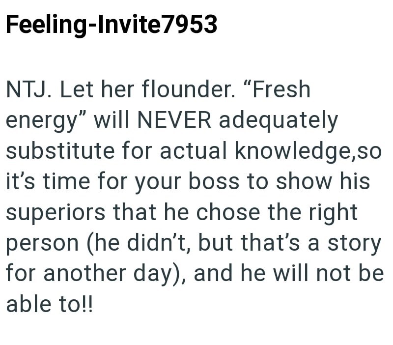 Feeling-Invite7953 NTJ. Let her flounder. "Fresh energy" will NEVER adequately substitute for actual knowledge, so it's time for your boss to show his superiors that he chose the right person (he didn't, but that's a story for another day), and he will not be able to!!