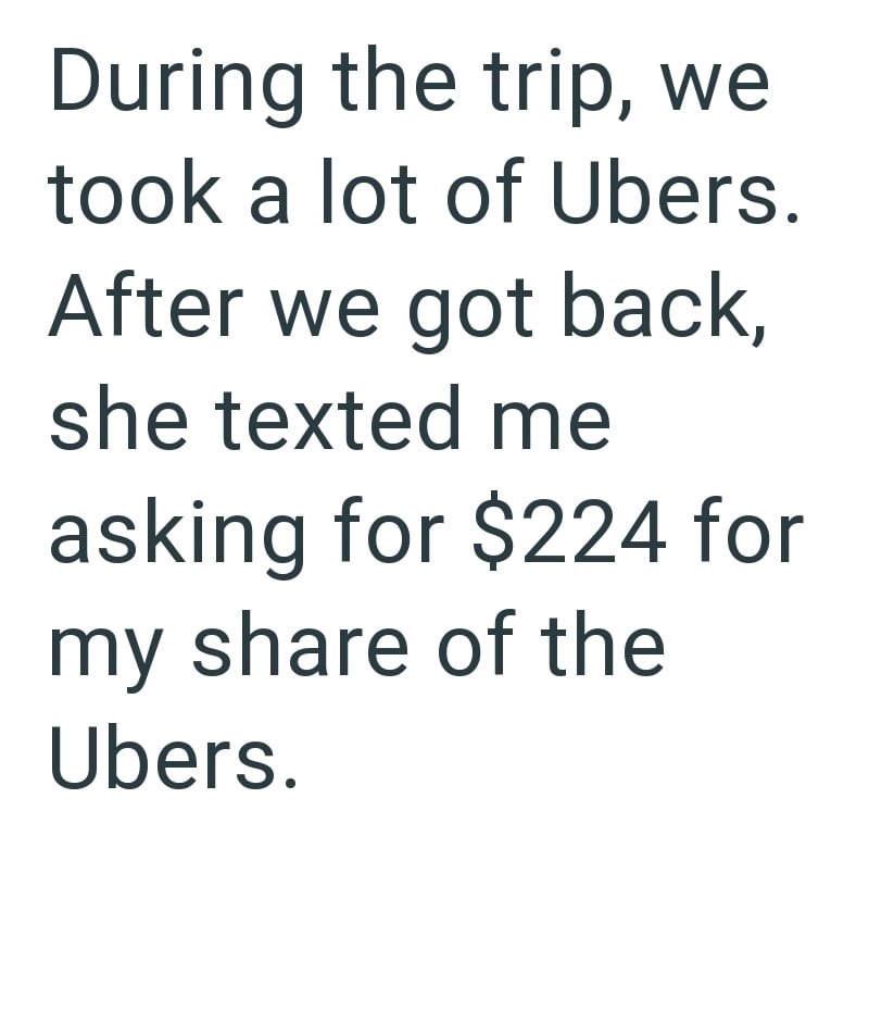 During the trip, we took a lot of Ubers. After we got back, she texted me asking for $224 for my share of the Ubers.