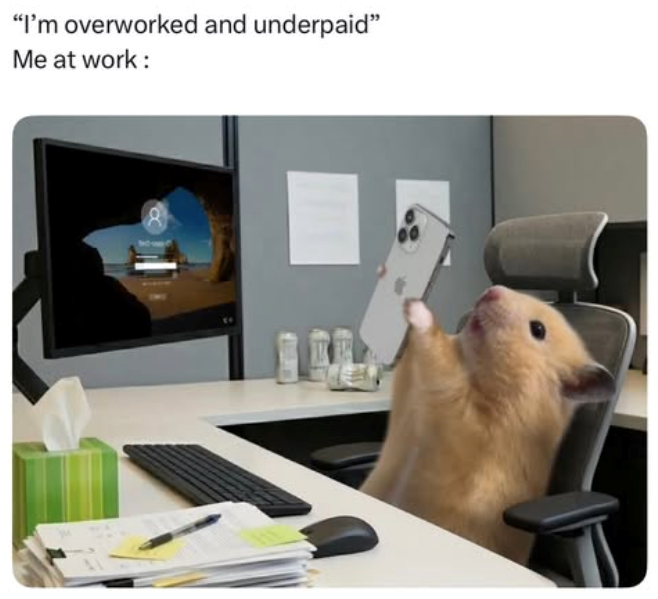 "I'm overworked and underpaid" Me at work: