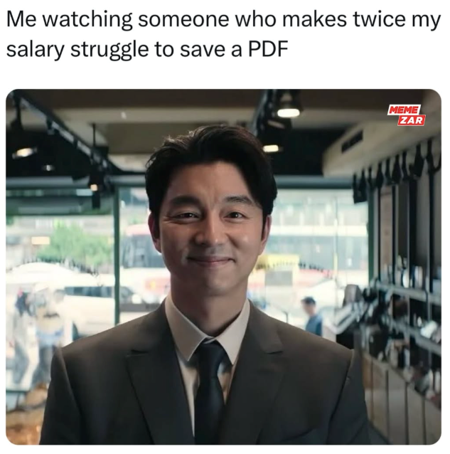 Me watching someone who makes twice my salary struggle to save a PDF MEME ZAR