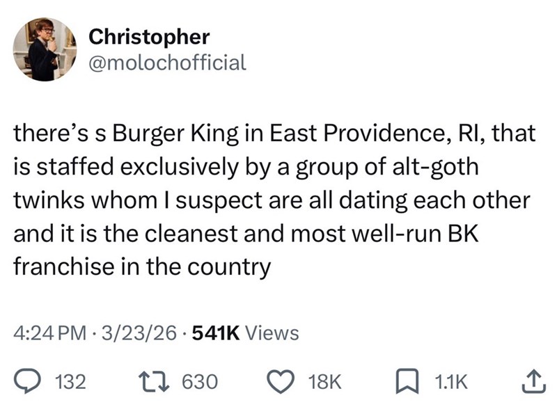 Christopher @molochofficial there's s Burger King in East Providence, RI, that is staffed exclusively by a group of alt-goth twinks whom I suspect are all dating each other and it is the cleanest and most well-run BK franchise in the country 4:24 PM 3/23/26 541K Views 132 17 630 18K 1.1K ↑