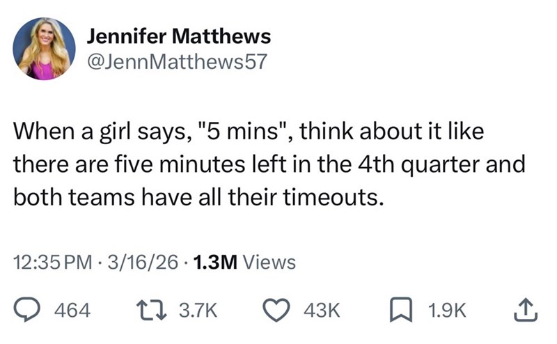 H Jennifer Matthews @JennMatthews57 When a girl says, "5 mins", think about it like there are five minutes left in the 4th quarter and both teams have all their timeouts. 12:35 PM 3/16/26 1.3M Views 464 17 3.7K 43K 1.9K ↑