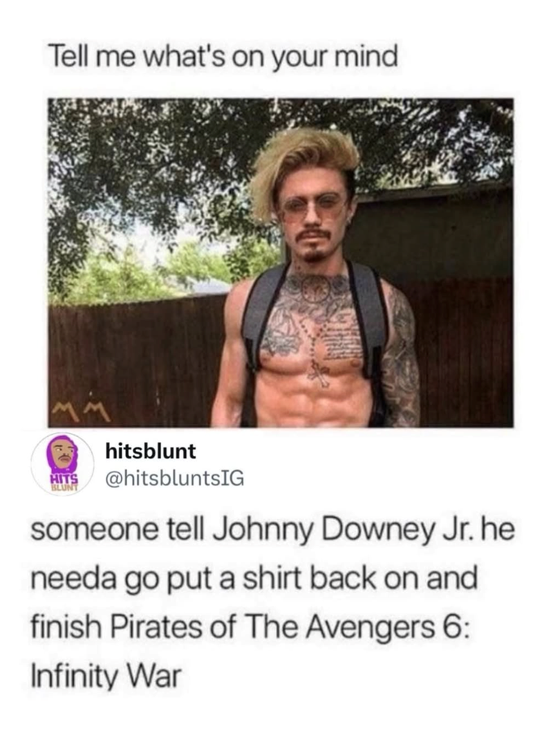 Tell me what's on your mind HITS BLUNT hitsblunt @hitsbluntsIG someone tell Johnny Downey Jr. he needa go put a shirt back on and finish Pirates of The Avengers 6: Infinity War