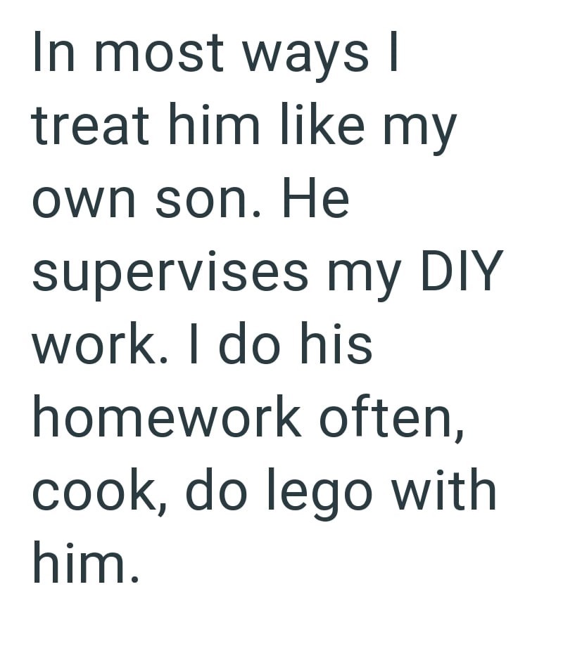 In most ways I treat him like my own son. He supervises my DIY work. I do his homework often, cook, do lego with him.