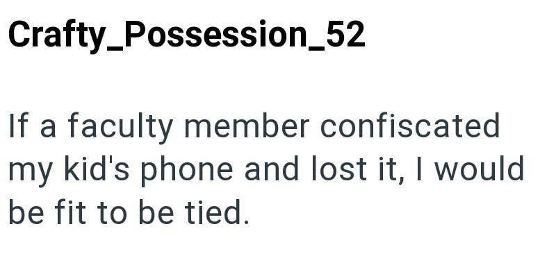Crafty_Possession_52 If a faculty member confiscated my kid's phone and lost it, I would be fit to be tied.