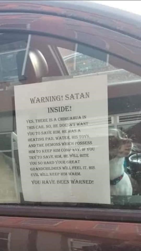 WARNING! SATAN INSIDE! YES, THERE IS A CHIHUAHUA IN THIS CAR. NO, HE DOESN'T WANT YOU TO SAVE HIM, HE HAS A HEATING PAD, WATER. HIS TOYS AND THE DEMONS WHICH POSSESS HIM TO KEEP HIM COMPANY. IF YOU TRY TO SAVE HIM, HE WILL BITE YOU SO HARD YOUR GREAT GRANDCHILDREN WILL FEEL IT. HIS EVIL WILL KEEP HIM WARM. YOU HAVE BEEN WARNED!