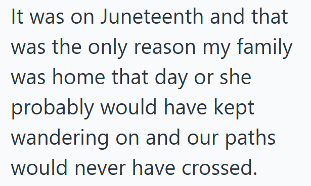 It was on Juneteenth and that was the only reason my family was home that day or she probably would have kept wandering on and our paths would never have crossed.