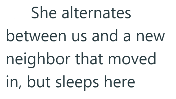 She alternates between us and a new neighbor that moved in, but sleeps here