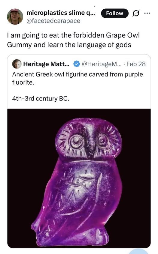 microplastics slime q... Follow @facetedcarapace I am going to eat the forbidden Grape Owl Gummy and learn the language of gods Heritage Matt... @HeritageM.... Feb 28 Ancient Greek owl figurine carved from purple fluorite. 4th-3rd century BC.