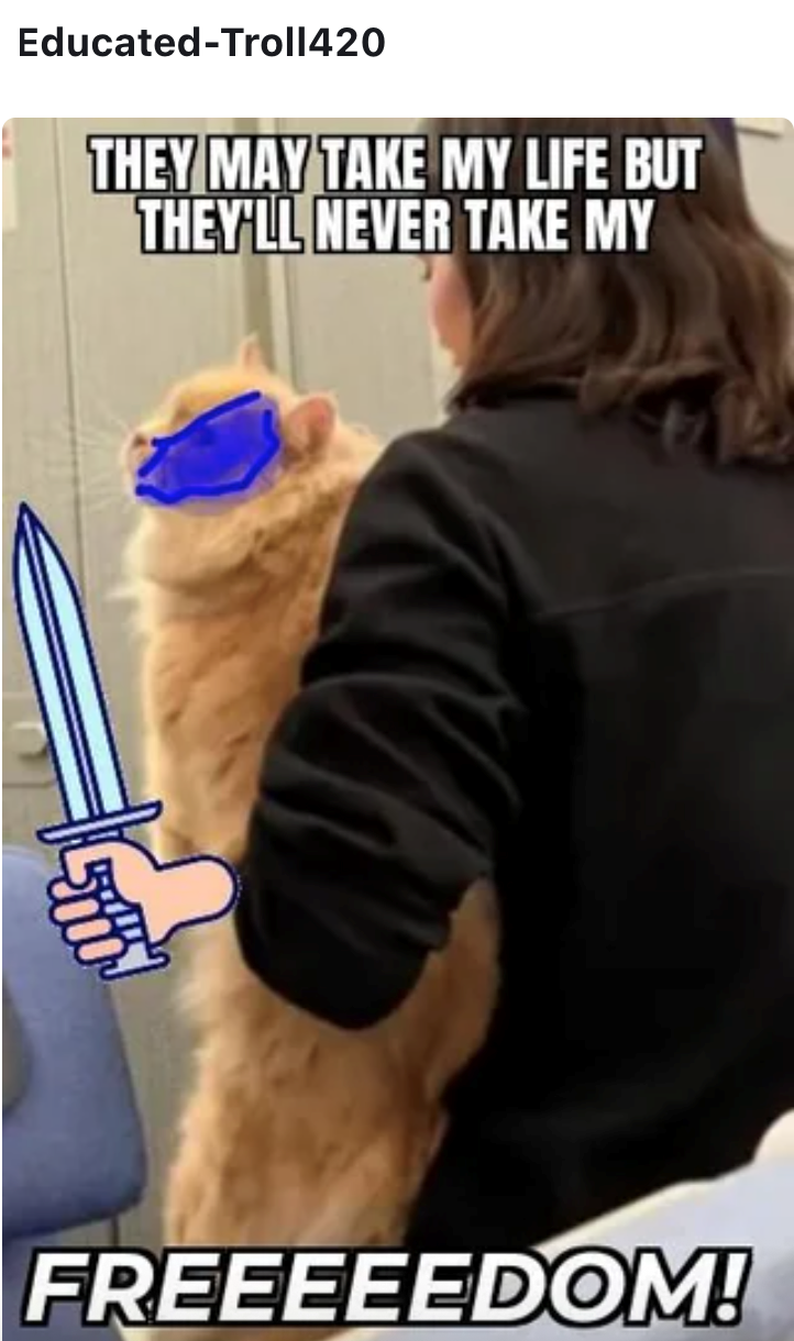 Educated-Troll420 THEY MAY TAKE MY LIFE BUT THEY'LL NEVER TAKE MY FREEEEEDOM!