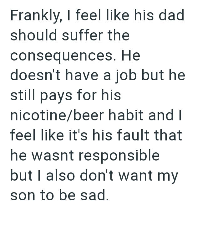 Frankly, I feel like his dad should suffer the consequences. He doesn't have a job but he still pays for his nicotine/beer habit and I feel like it's his fault that he wasnt responsible but I also don't want my son to be sad.