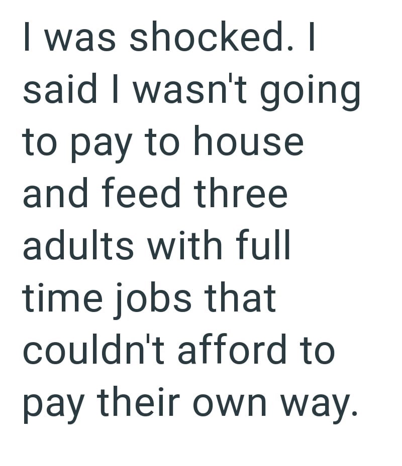 I was shocked. I said I wasn't going to pay to house and feed three adults with full time jobs that couldn't afford to pay their own way.