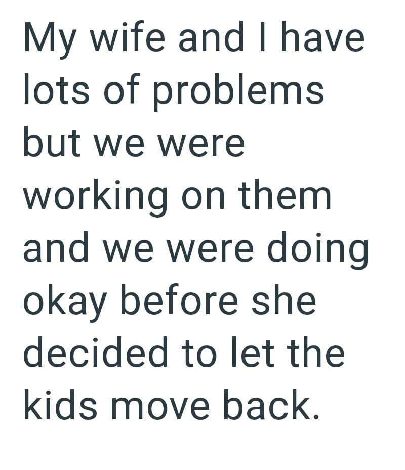 My wife and I have lots of problems but we were working on them and we were doing okay before she decided to let the kids move back.