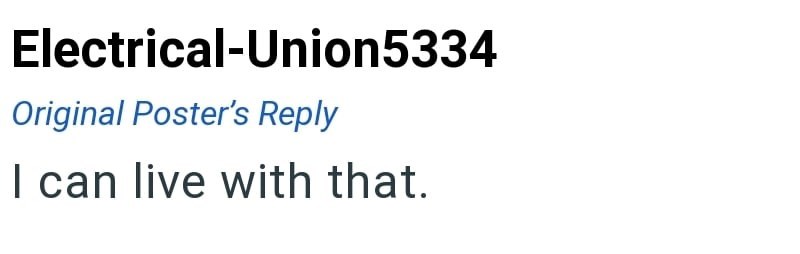 Electrical-Union5334 Original Poster's Reply I can live with that.