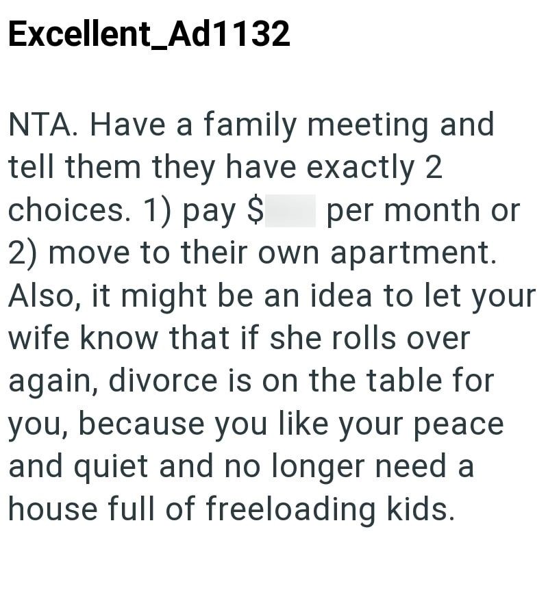 Excellent_Ad1132 NTA. Have a family meeting and tell them they have exactly 2 choices. 1) pay $ per month or 2) move to their own apartment. Also, it might be an idea to let your wife know that if she rolls over again, divorce is on the table for you, because you like your peace and quiet and no longer need a house full of freeloading kids.