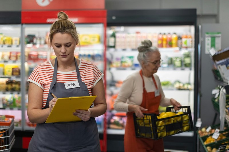 A young shop assistant in a supermarket with colleague in the background