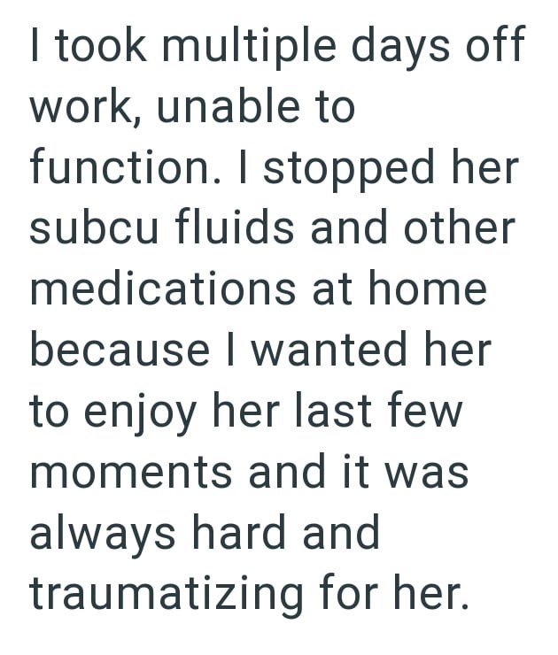 I took multiple days off work, unable to function. I stopped her subcu fluids and other medications at home because I wanted her to enjoy her last few moments and it was always hard and traumatizing for her.