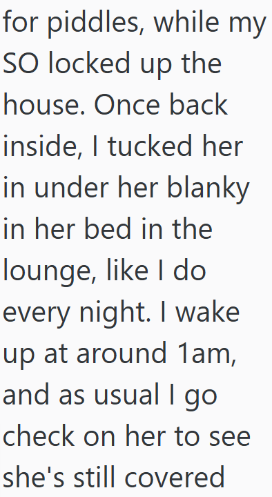 for piddles, while my SO locked up the house. Once back inside, I tucked her in under her blanky in her bed in the lounge, like I do every night. I wake up at around 1am, and as usual I go check on her to see she's still covered