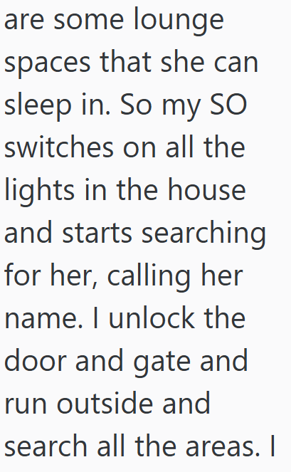 are some lounge spaces that she can sleep in. So my SO switches on all the lights in the house and starts searching for her, calling her name. I unlock the door and gate and run outside and search all the areas. I
