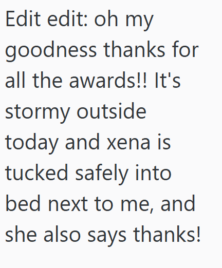 Edit edit: oh my goodness thanks for all the awards!! It's stormy outside today and xena is tucked safely into bed next to me, and she also says thanks!