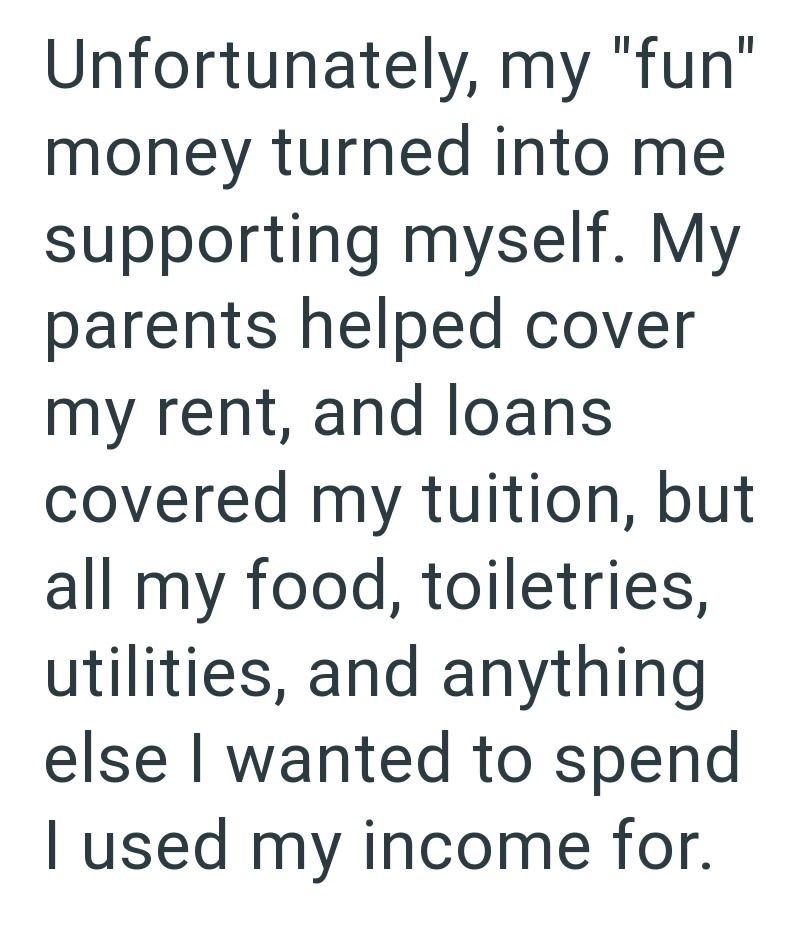 Unfortunately, my "fun" money turned into me supporting myself. My parents helped cover my rent, and loans covered my tuition, but all my food, toiletries, utilities, and anything else I wanted to spend I used my income for.