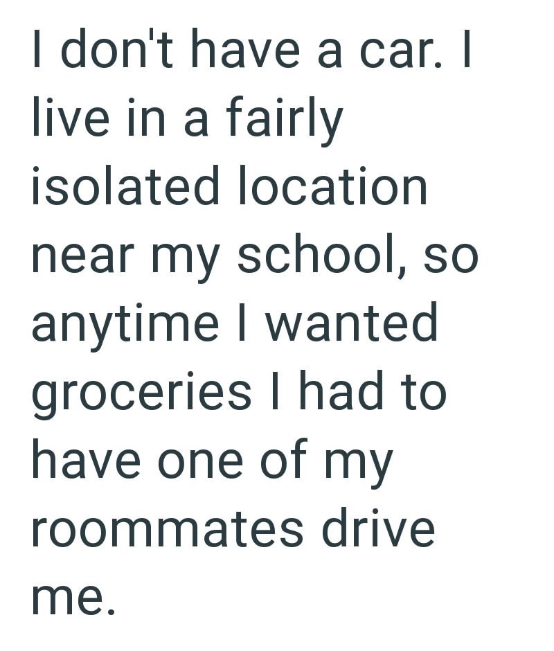 I don't have a car. I live in a fairly isolated location near my school, so anytime I wanted groceries I had to have one of my roommates drive me.