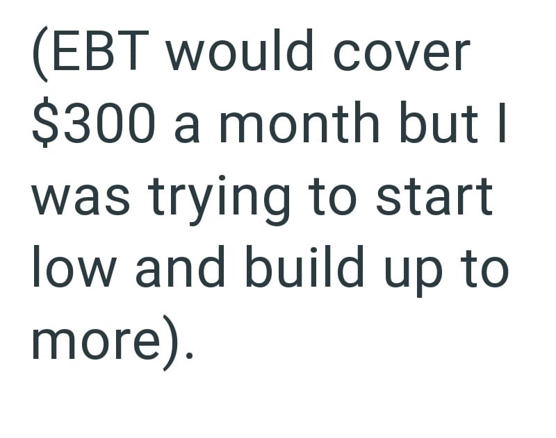(EBT would cover $300 a month but I was trying to start low and build up to more).