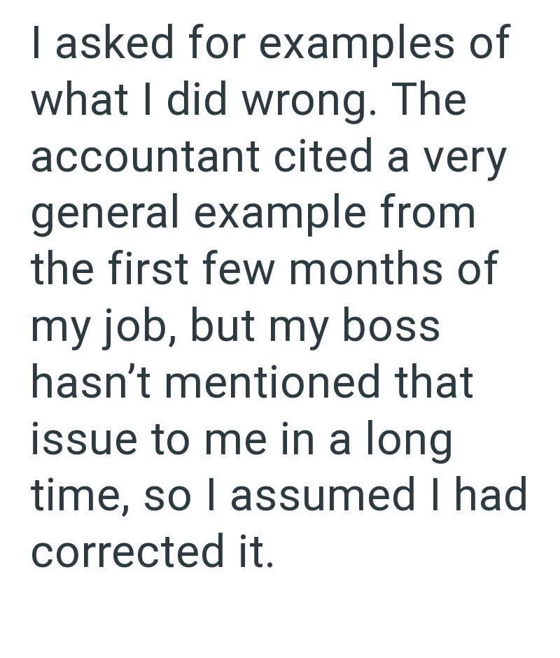 I asked for examples of what I did wrong. The accountant cited a very general example from the first few months of my job, but my boss hasn't mentioned that issue to me in a long time, so I assumed I had corrected it.
