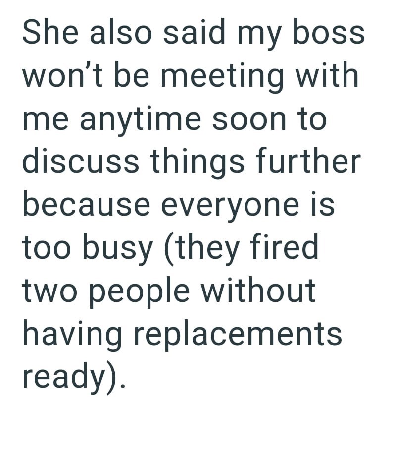She also said my boss won't be meeting with me anytime soon to discuss things further because everyone is too busy (they fired two people without having replacements ready).