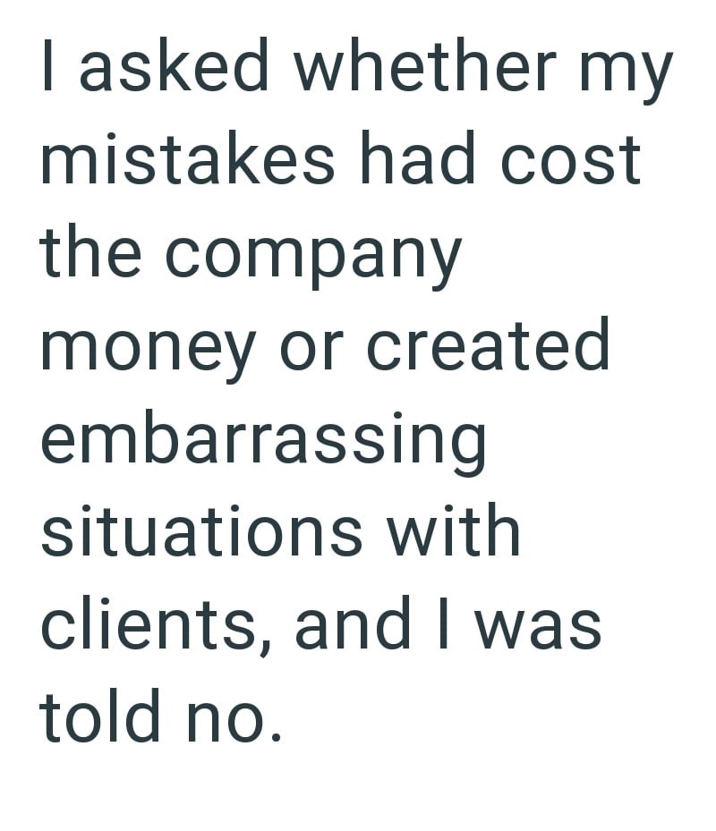 I asked whether my mistakes had cost the company money or created embarrassing situations with clients, and I was told no.