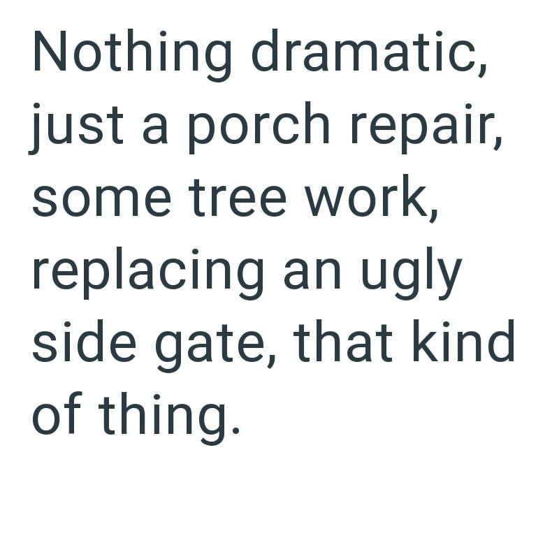 Nothing dramatic, just a porch repair, some tree work, replacing an ugly side gate, that kind of thing.
