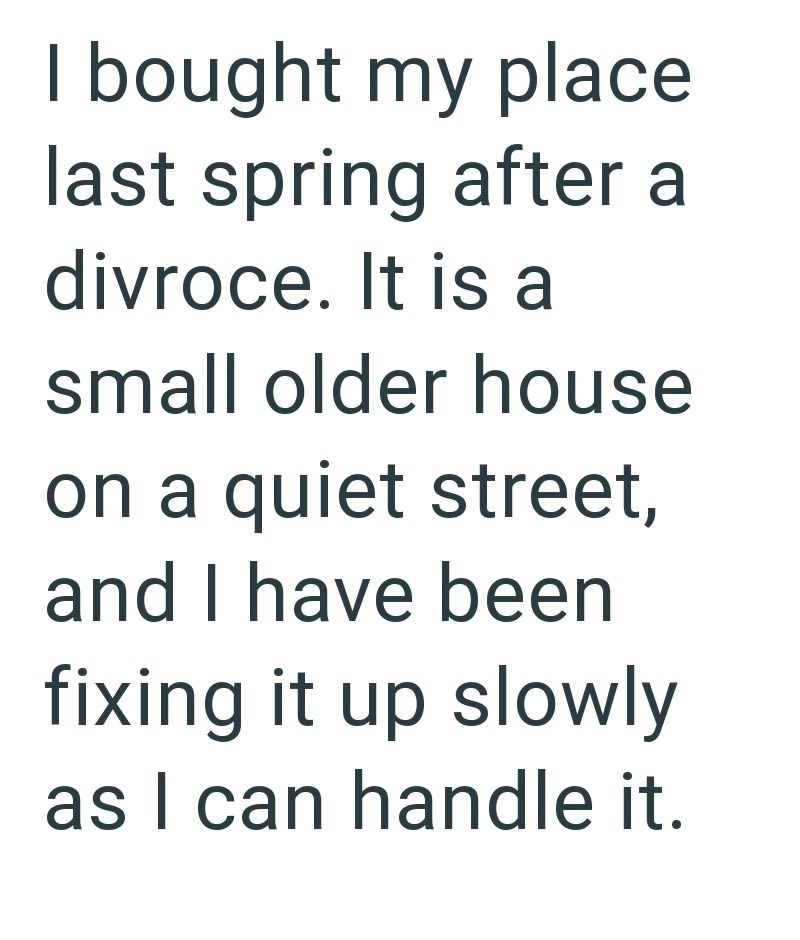 I bought my place last spring after a divroce. It is a small older house on a quiet street, and I have been fixing it up slowly as I can handle it.