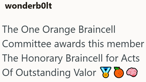 wonderbolt The One Orange Braincell Committee awards this member The Honorary Braincell for Acts Of Outstanding Valor 0
