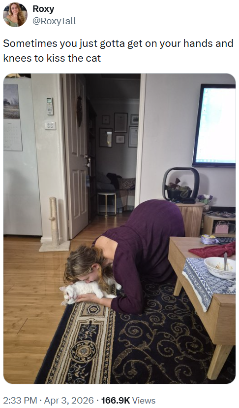 Roxy @RoxyTall Sometimes you just gotta get on your hands and knees to kiss the cat 2:33 PM Apr 3, 2026 166.9K Views